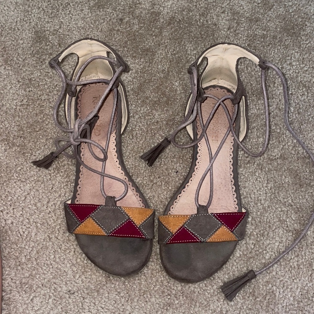 Suede lace up sandals, frilled lace ends